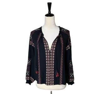 AE Boho Embroidered Relaxed Peasant Blouse Womens Small | Ethnic Bohemian Tassel